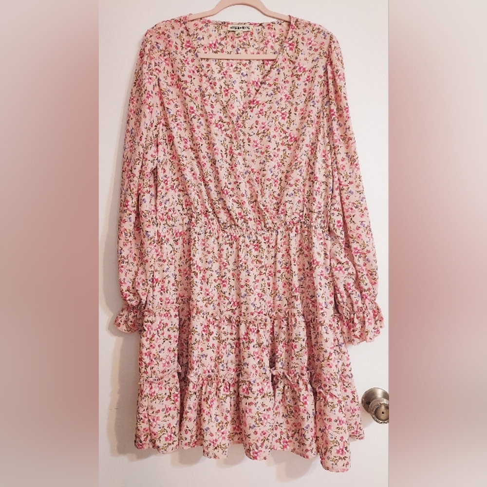 Pink Floral Flounce Sleeve Dress, Size 2x